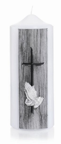 Trauerkerze "Kreuz mit betenden Händen" Weiß 200 x Ø 78 mm