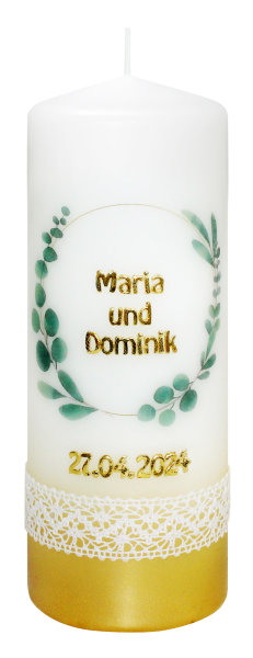 Hochzeitskerze "Eukalyptus Kranz und Borte" 200 x Ø 68 mm mit Namensverzierung