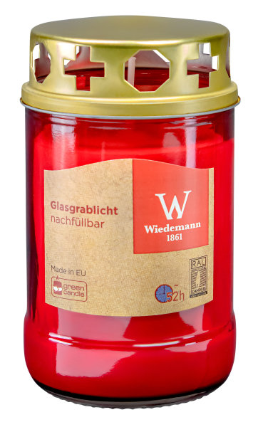 Grablicht aus Glas Rot mit Deckel 125 x 68 mm, Brenndauer 52 Stunden, 1 Stück