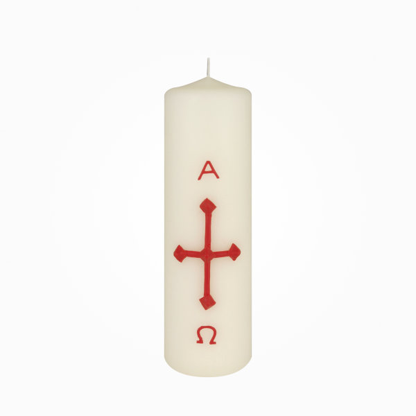 Hausosterkerze 20 x Ø 6 cm Kreuz, A+O in Rot (Wachsauflage)