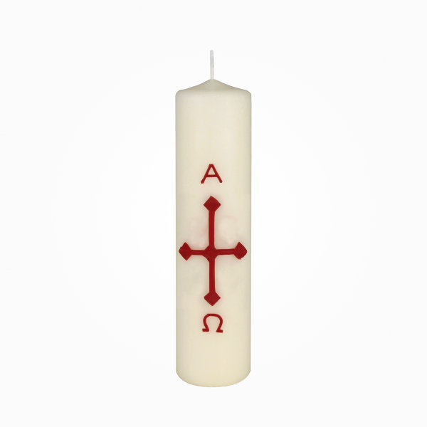 Hausosterkerze 20 x Ø 5 cm Kreuz, A+O in Rot (Wachsauflage)