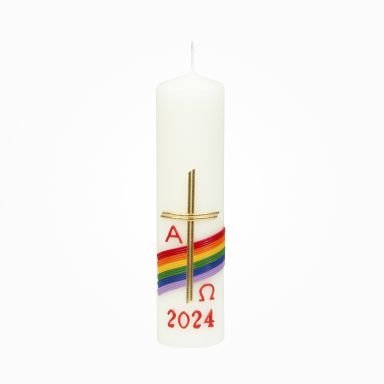 Hausosterkerze 20 x Ø 5 cm Kreuz, Regenbogen mit Jahreszahl (Wachsauflage)